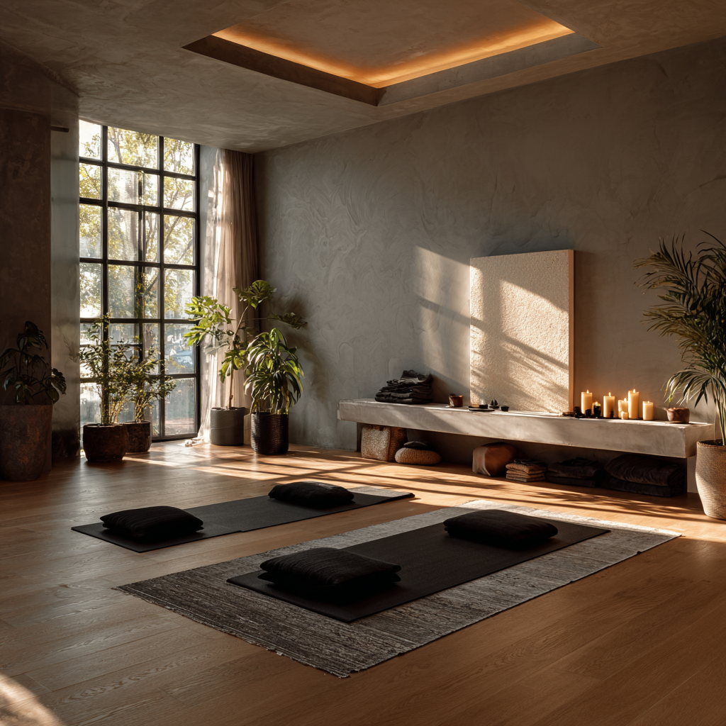 Studio modern de yoga cu echipament contemporan